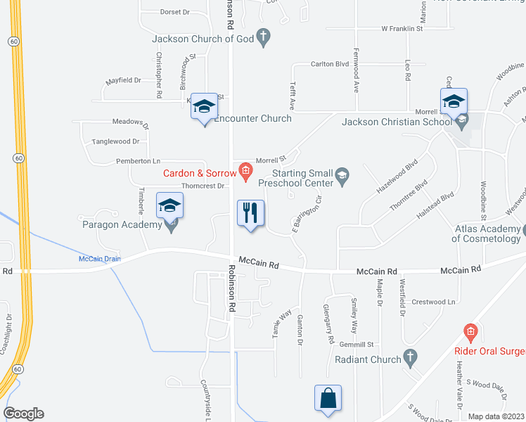 map of restaurants, bars, coffee shops, grocery stores, and more near 794 West Barrington Circle in Jackson