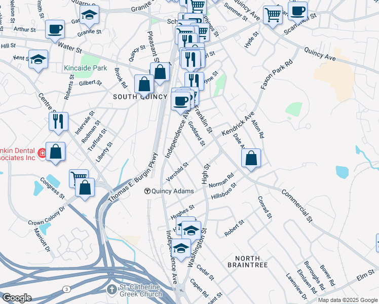 map of restaurants, bars, coffee shops, grocery stores, and more near 43 Bennington Street in Quincy