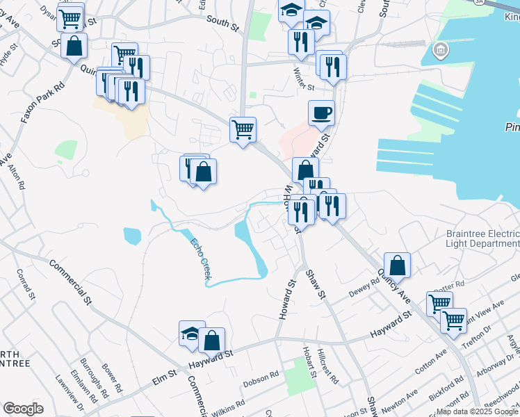 map of restaurants, bars, coffee shops, grocery stores, and more near 54 Bower Road in Quincy