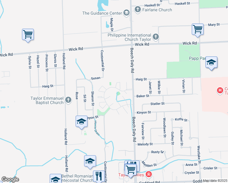 map of restaurants, bars, coffee shops, grocery stores, and more near 25834 Continental Circle in Taylor