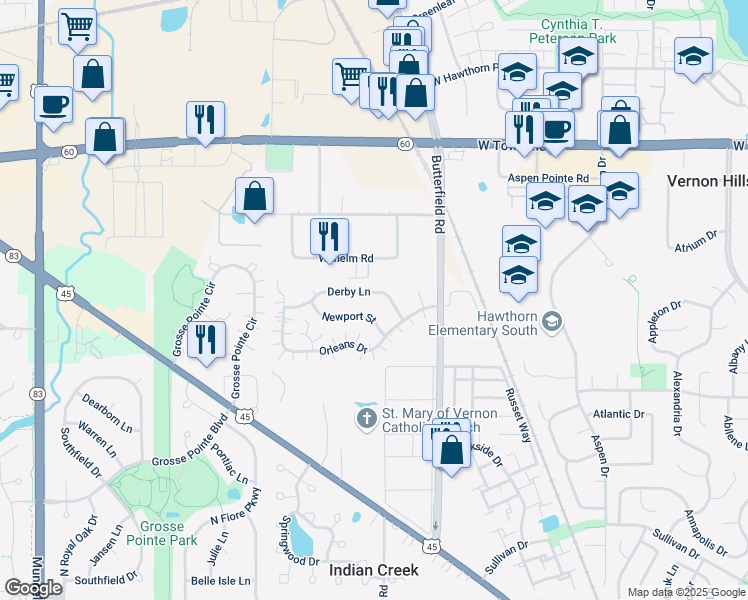 map of restaurants, bars, coffee shops, grocery stores, and more near 1369 Derby Lane in Mundelein