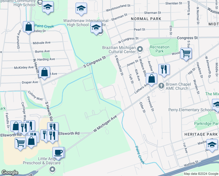 map of restaurants, bars, coffee shops, grocery stores, and more near 201 Stevens Drive in Ypsilanti