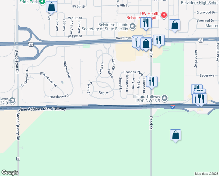 map of restaurants, bars, coffee shops, grocery stores, and more near 619 Park Avenue in Belvidere