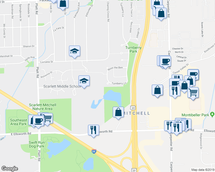 map of restaurants, bars, coffee shops, grocery stores, and more near 3326 Goat Fell in Ann Arbor
