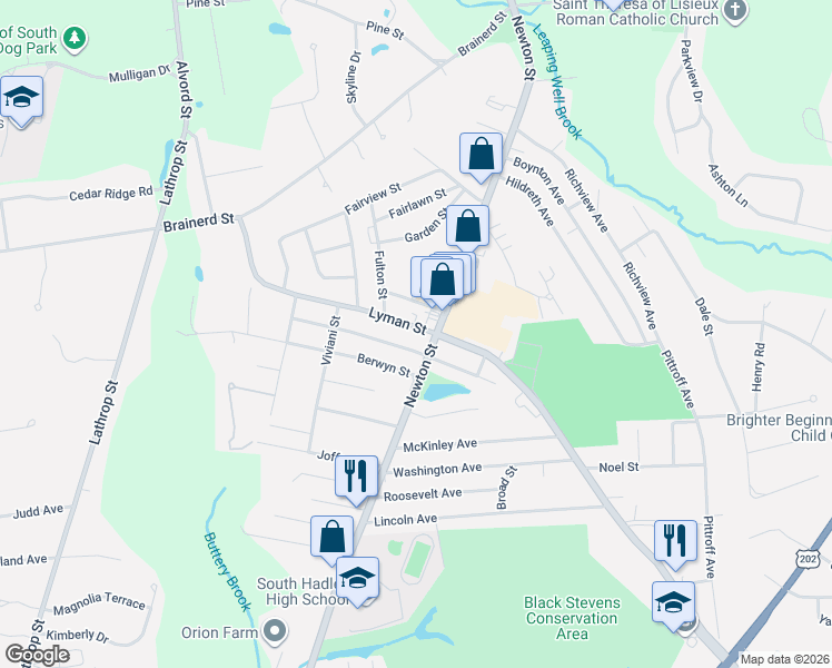 map of restaurants, bars, coffee shops, grocery stores, and more near 465 Massachusetts 116 in South Hadley