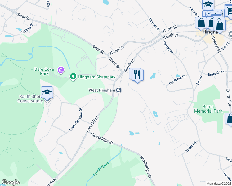 map of restaurants, bars, coffee shops, grocery stores, and more near 30 Fort Hill Street in Hingham