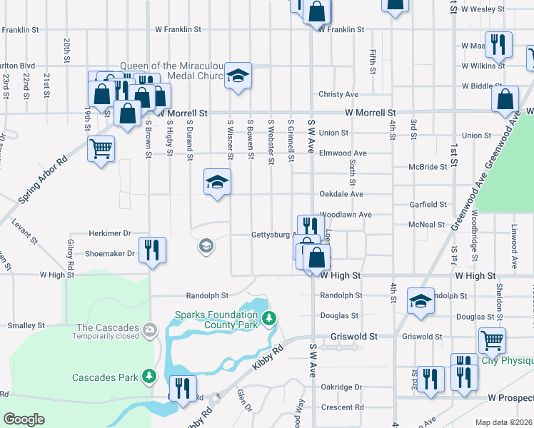 map of restaurants, bars, coffee shops, grocery stores, and more near 1114 South Webster Street in Jackson