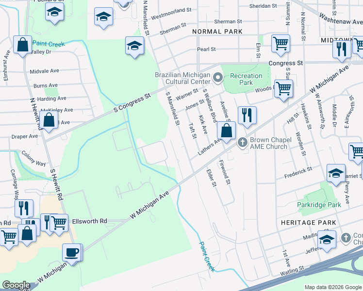 map of restaurants, bars, coffee shops, grocery stores, and more near 250 South Mansfield Street in Ypsilanti