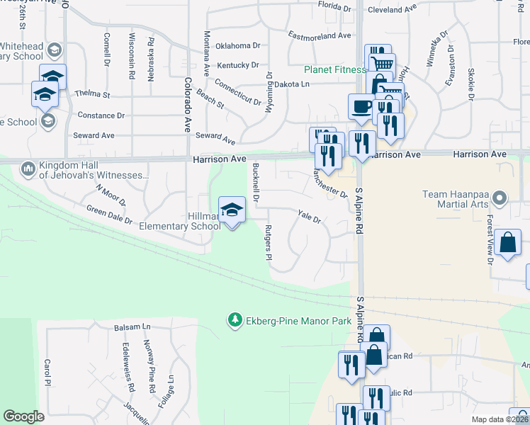 map of restaurants, bars, coffee shops, grocery stores, and more near 4119 Yale Drive in Rockford