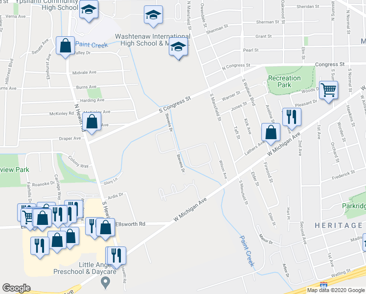 map of restaurants, bars, coffee shops, grocery stores, and more near 311 Stevens Drive in Ypsilanti