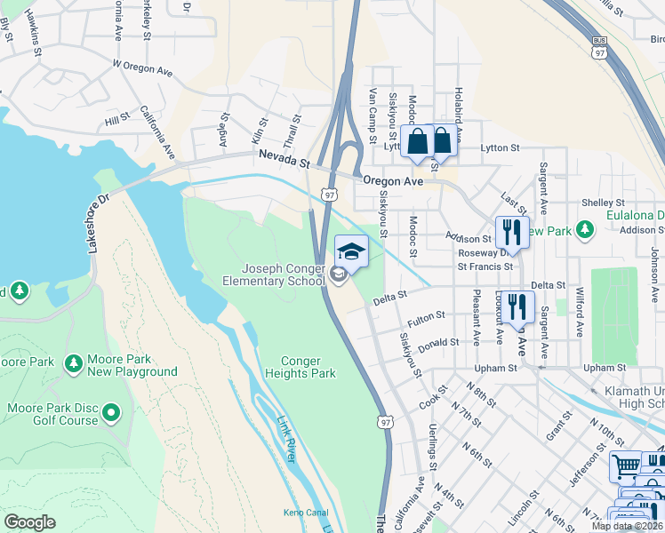 map of restaurants, bars, coffee shops, grocery stores, and more near 1700 California Avenue in Klamath Falls