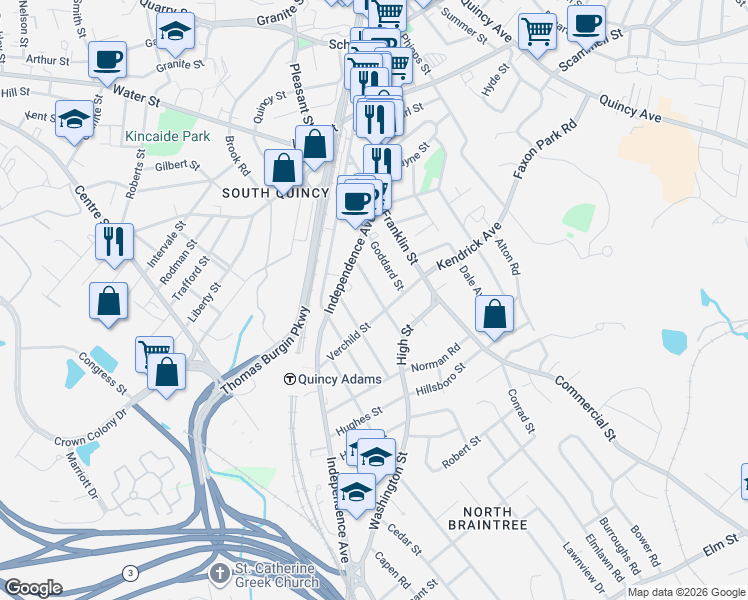 map of restaurants, bars, coffee shops, grocery stores, and more near 43 Bennington Street in Quincy