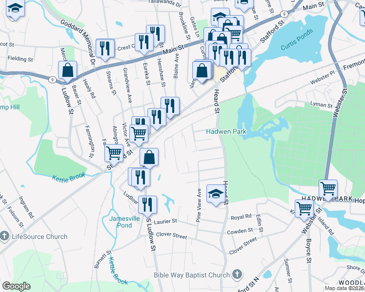 map of restaurants, bars, coffee shops, grocery stores, and more near 11 Lebanon Street in Worcester