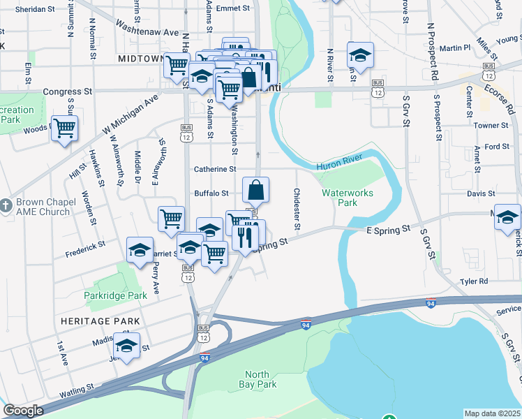 map of restaurants, bars, coffee shops, grocery stores, and more near 417 South Huron Street in Ypsilanti