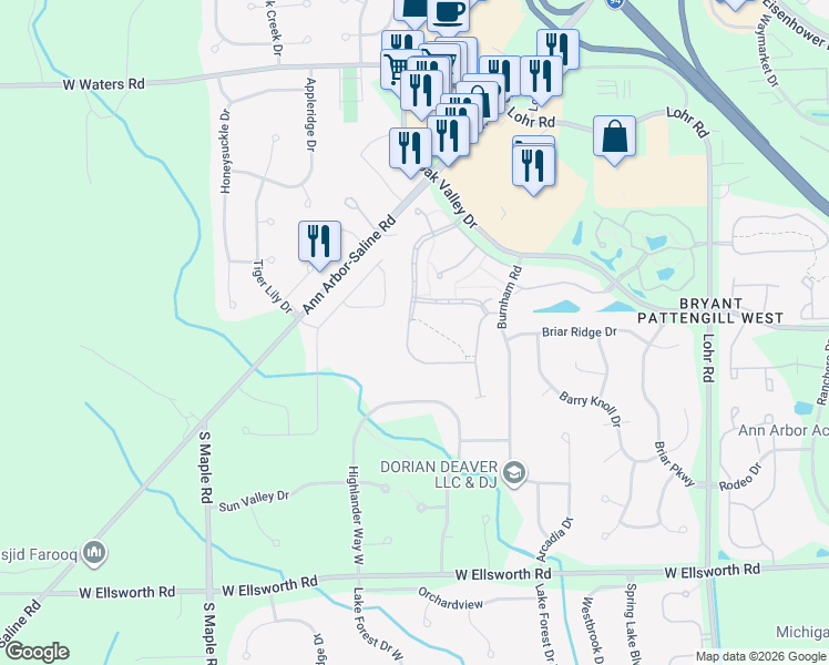 map of restaurants, bars, coffee shops, grocery stores, and more near 3539 Bent Trail Drive in Ann Arbor