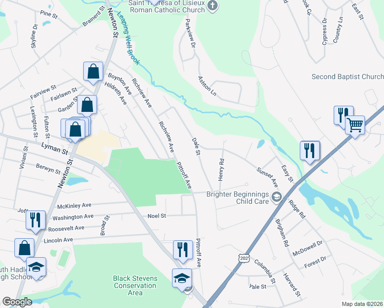map of restaurants, bars, coffee shops, grocery stores, and more near 33 Dale Street in South Hadley
