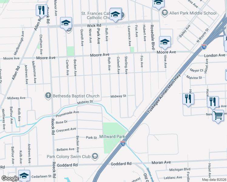 map of restaurants, bars, coffee shops, grocery stores, and more near 935 Ruth Avenue in Allen Park
