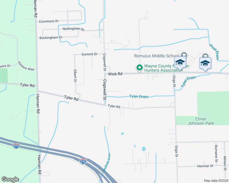map of restaurants, bars, coffee shops, grocery stores, and more near 38280 Tyler Road in Romulus