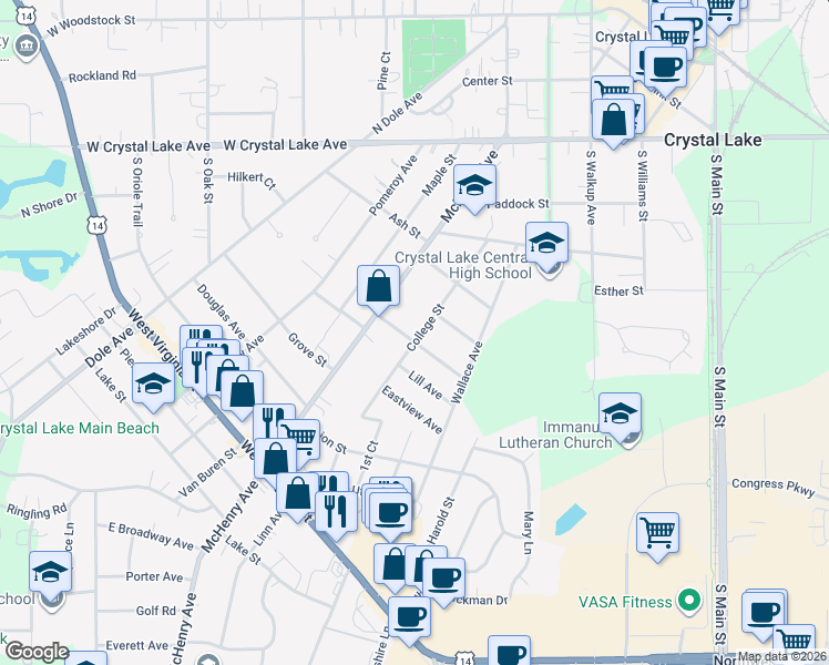 map of restaurants, bars, coffee shops, grocery stores, and more near 199 College Street in Crystal Lake