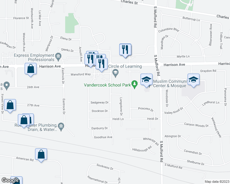 map of restaurants, bars, coffee shops, grocery stores, and more near 5680 Petworth Drive in Rockford