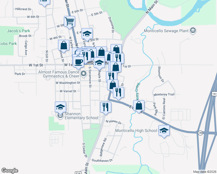 map of restaurants, bars, coffee shops, grocery stores, and more near 301-361 S Main St in Monticello