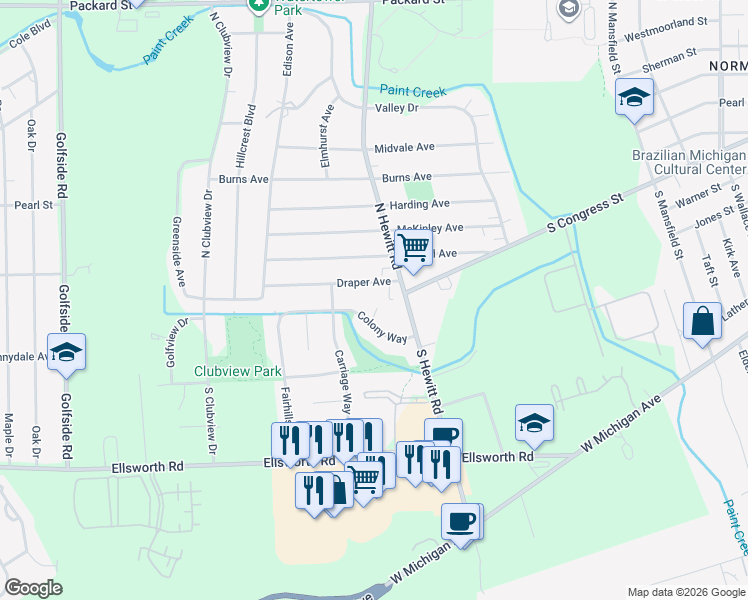 map of restaurants, bars, coffee shops, grocery stores, and more near 2330 Town Court in Ypsilanti