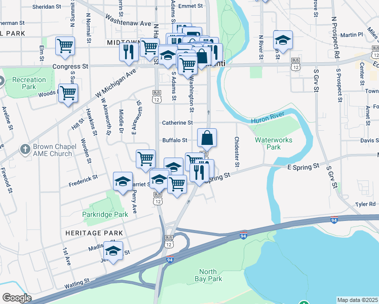 map of restaurants, bars, coffee shops, grocery stores, and more near 416 South Washington Street in Ypsilanti