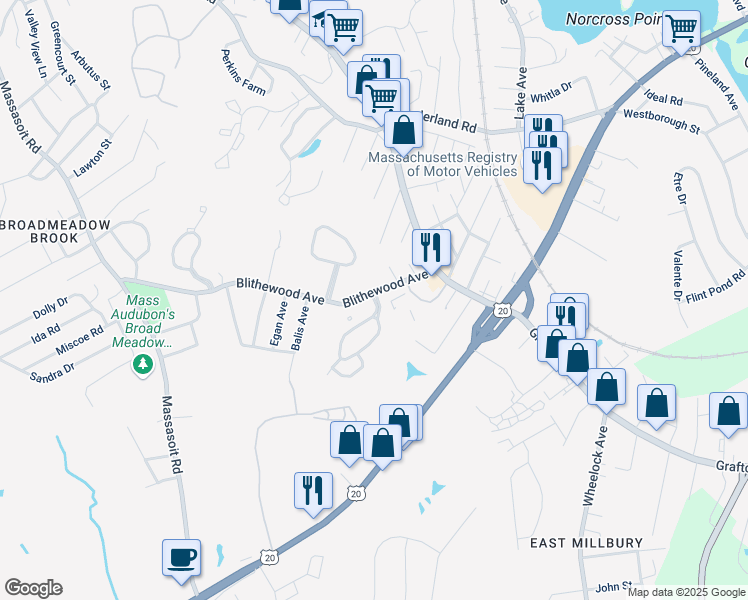 map of restaurants, bars, coffee shops, grocery stores, and more near 14 Weatherstone Drive in Worcester