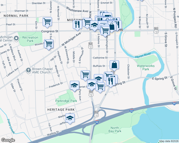 map of restaurants, bars, coffee shops, grocery stores, and more near 412 South Hamilton Street in Ypsilanti