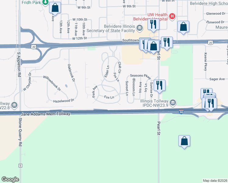 map of restaurants, bars, coffee shops, grocery stores, and more near 619 Park Avenue in Belvidere