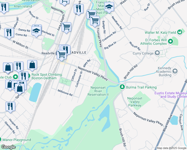 map of restaurants, bars, coffee shops, grocery stores, and more near 273 Neponset Valley Parkway in Boston