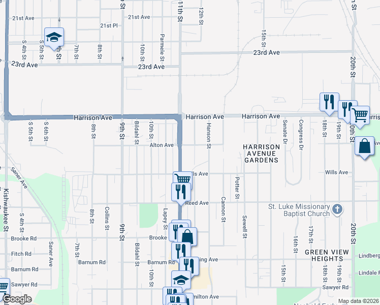 map of restaurants, bars, coffee shops, grocery stores, and more near 2709 Kinsey Street in Rockford
