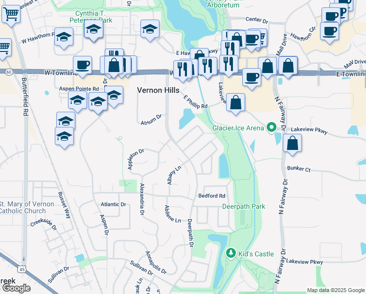 map of restaurants, bars, coffee shops, grocery stores, and more near 2 Mayflower Road in Vernon Hills