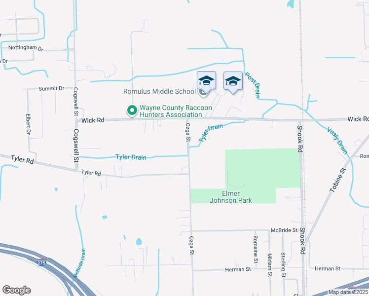 map of restaurants, bars, coffee shops, grocery stores, and more near 9340 Ozga Street in Romulus