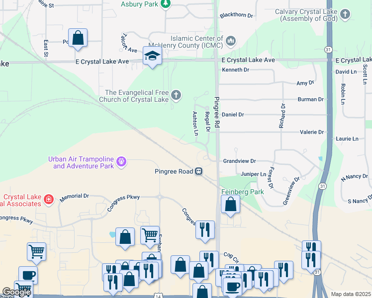 map of restaurants, bars, coffee shops, grocery stores, and more near 750 Oak Hollow Road in Crystal Lake