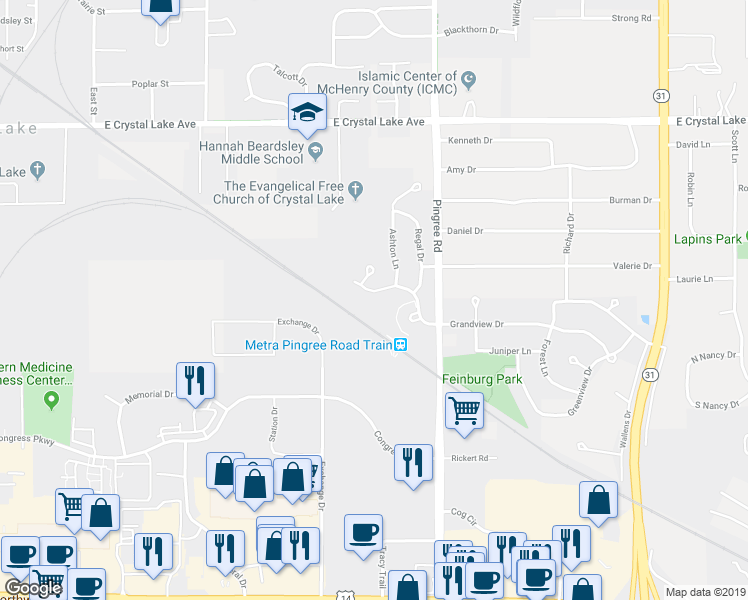 map of restaurants, bars, coffee shops, grocery stores, and more near 750 Oak Hollow Road in Crystal Lake