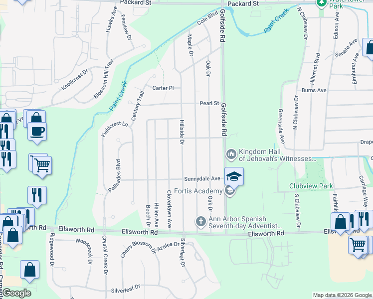 map of restaurants, bars, coffee shops, grocery stores, and more near 3661 Hillside Drive in Ypsilanti