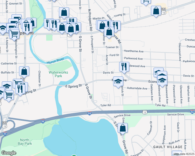 map of restaurants, bars, coffee shops, grocery stores, and more near 505 Maus Avenue in Ypsilanti
