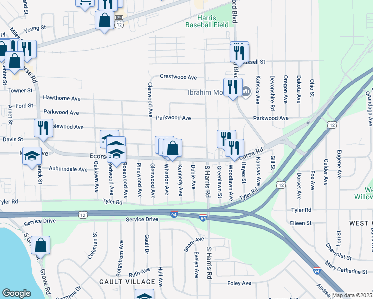 map of restaurants, bars, coffee shops, grocery stores, and more near 1326 Davis Street in Ypsilanti