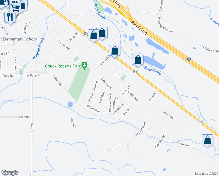 map of restaurants, bars, coffee shops, grocery stores, and more near 910 Talent Avenue in Talent