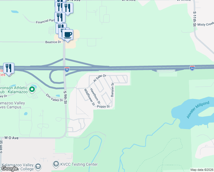 map of restaurants, bars, coffee shops, grocery stores, and more near 5645 Mandrake Court in Kalamazoo