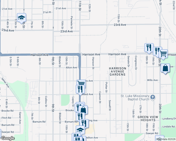 map of restaurants, bars, coffee shops, grocery stores, and more near 2709 Kinsey Street in Rockford