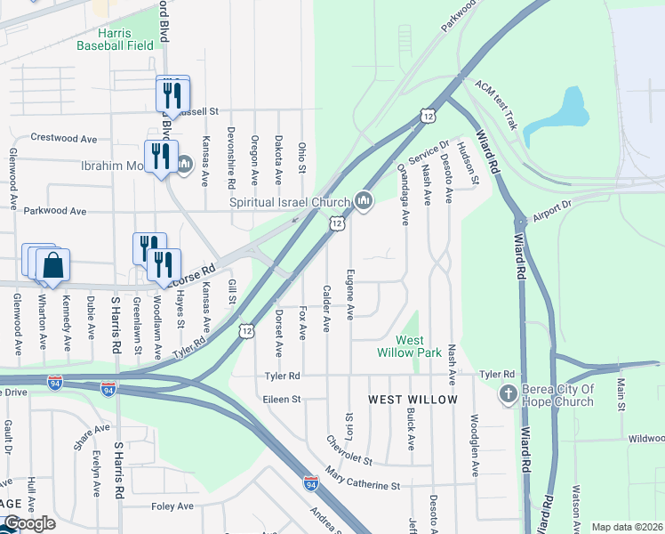 map of restaurants, bars, coffee shops, grocery stores, and more near 589 Calder Avenue in Ypsilanti