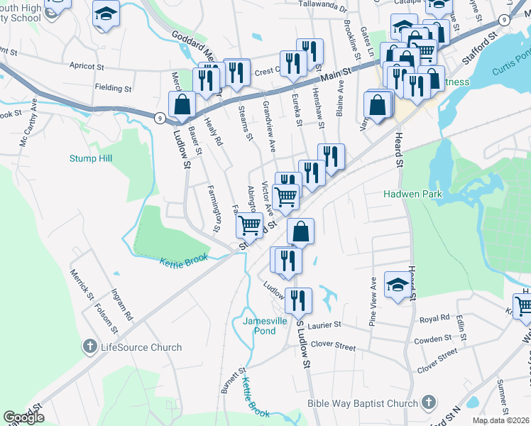 map of restaurants, bars, coffee shops, grocery stores, and more near 3 Victor Avenue in Worcester
