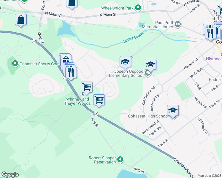 map of restaurants, bars, coffee shops, grocery stores, and more near 22 Eldredge Lane in Cohasset