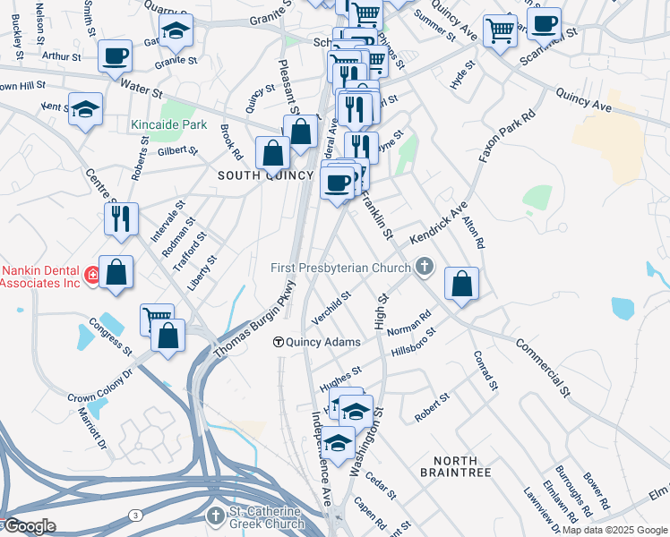 map of restaurants, bars, coffee shops, grocery stores, and more near 43 Bennington Street in Quincy