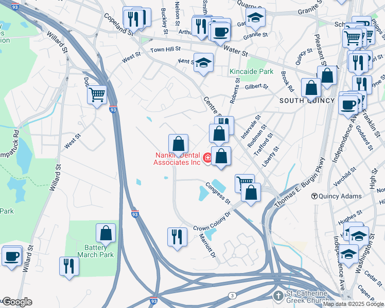map of restaurants, bars, coffee shops, grocery stores, and more near 10 Isabella Street in Quincy