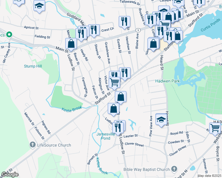 map of restaurants, bars, coffee shops, grocery stores, and more near in Worcester