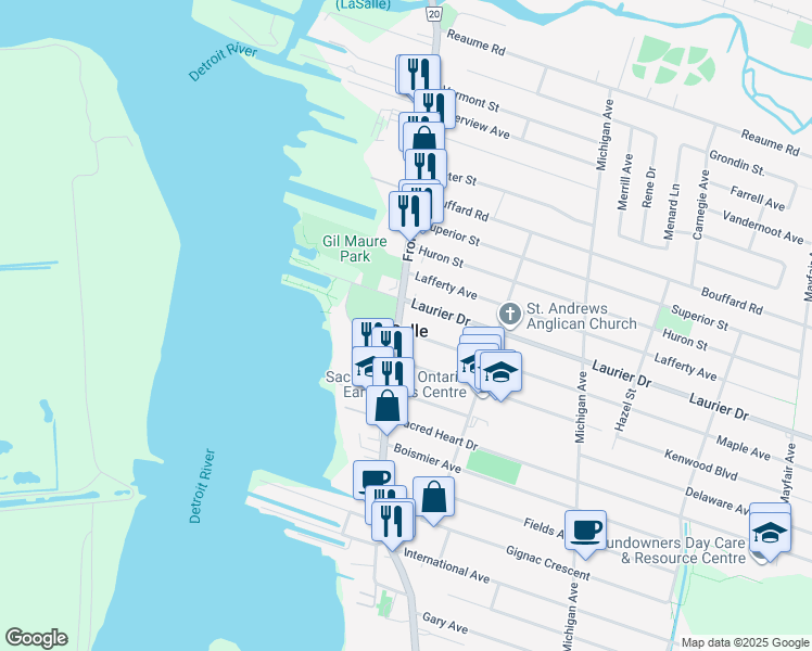 map of restaurants, bars, coffee shops, grocery stores, and more near 125 Maple Avenue in Windsor