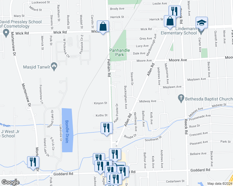 map of restaurants, bars, coffee shops, grocery stores, and more near 9933 Allen Pointe Drive in Allen Park